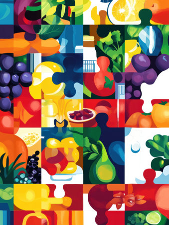 Colorful puzzle pieces of fresh groceries come together, symbolizing a delightful shopping experience filled with vibrant fruits and vegetables.の素材