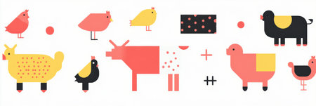 Clean and modern geometric design showcases cows, pigs, and chickens in bright colors, creating a playful farm-themed illustration ideal for various uses.の素材