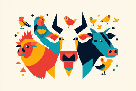 This artwork features minimalist geometric representations of cows, pigs, and chickens with a vibrant color palette.の素材
