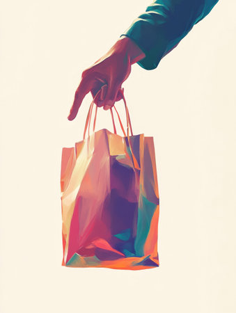 A hand extends towards the viewer, offering a colorful grocery bag filled with bright hues, creating a warm and inviting atmosphere of kindness.の素材