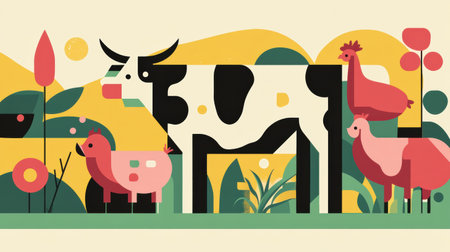 Vibrant geometric shapes represent cows, pigs, and chickens in a clean design. The colorful farm animals thrive in a modern landscape filled with greenery.の素材