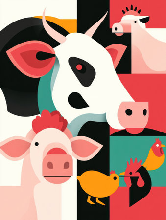 Bright and engaging geometric shapes depict cows, pigs, and chickens in a harmonious composition, showing a vibrant color palette that captivates attention.の素材
