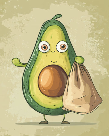 A whimsical cartoon avocado with exaggerated features joyfully holds a large grocery bag against a soft pastel backdrop, making grocery shopping fun.の素材