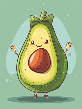 A cheerful cartoon avocado carries a large grocery bag while posing happily in a fun pastel background, showing its playful and exaggerated features.の素材