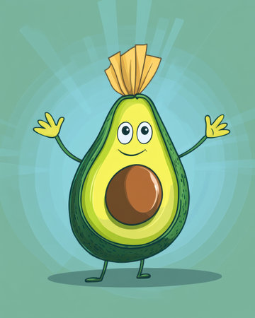 Cheerful cartoon avocado with exaggerated proportions happily carries a large grocery bag against a soft pastel background, showing its playful character.の素材