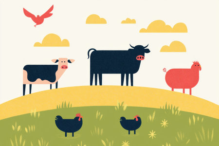 A minimalist illustration showcases cows, pigs, and chickens in a vibrant landscape with a clean, geometric style and cheerful colors.の素材