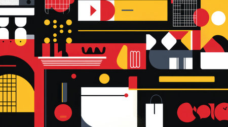 Bright geometric shapes in striking colors create an abstract grocery shopping theme, showing a blend of modern design elements and vibrant transitions.の素材