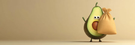 A humorous cartoon avocado with exaggerated features holds a large grocery bag while smiling, set against a light pastel backdrop that adds a cheerful touch.の素材