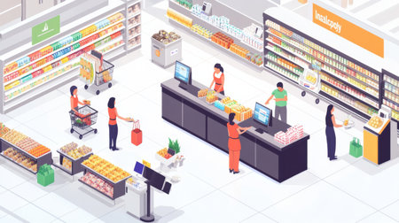 Customers navigate a vibrant supermarket filled with groceries while self-checkout counters facilitate quick purchases and Instacart couriers pick up items.の素材