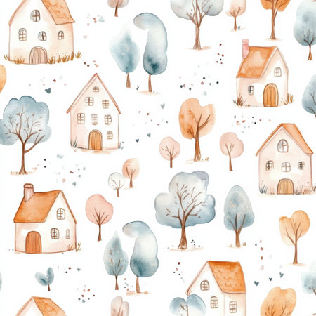 Delightful pattern of cozy little houses and whimsical trees in soft pastel tones creates a nurturing and artistic atmosphere perfect for baby decor.の素材