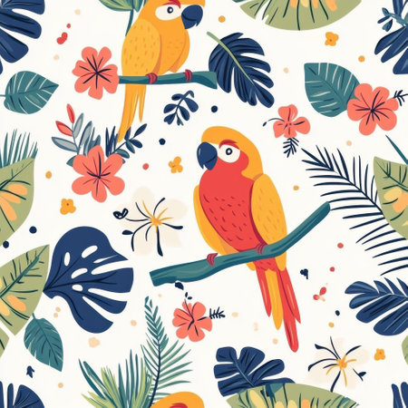 This delightful pattern showcases charming parrots among lush palm leaves and exotic flowers, perfect for a sunny, tropical-themed baby space.の素材