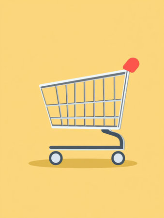 Modern art features a simple, empty shopping cart set against a soft backdrop, symbolizing readiness for online shopping or purchases.の素材