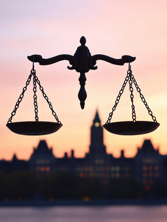 The scales of justice stand prominently in the foreground, enhancing the grandeur of the parliament building illuminated by soft warm light at dusk.の素材