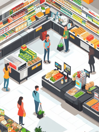 Customers engage in shopping at a vibrant supermarket, utilizing self-checkout counters while couriers gather groceries for deliveryの素材