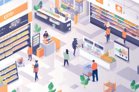 Customers are shopping in a vibrant supermarket with self-checkout counters while Instacart couriers pick up groceries in a bustling environment.の素材