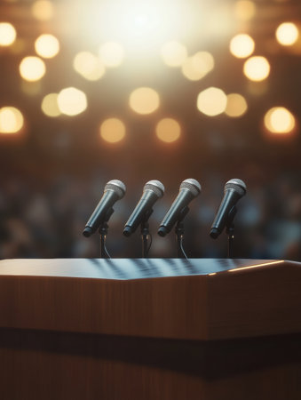 Sleek podium stands ready with multiple microphones, illuminated by a spotlight, as an engaged audience awaits a compelling address at a political gathering.の素材