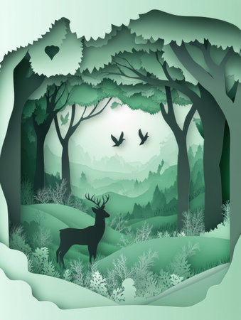 This layered paper cut artwork features a tranquil forest with deer and birds amidst soft green and earthy hues, creating a sense of depth and calm.の素材