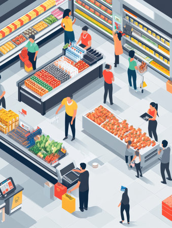 Crowded supermarket features shoppers at self-checkout counters and Instacart couriers loading up on groceries in a vibrant, well-organized setting.の素材