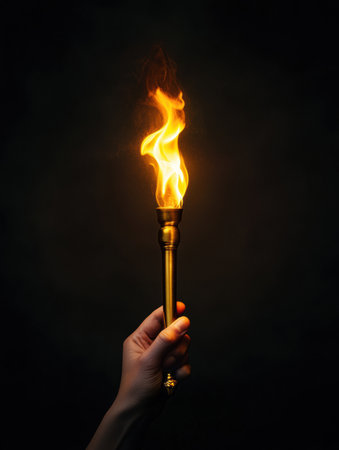 A hand holds a glowing torch, illuminating the darkness, symbolizing inspiration, hope, and guidance in tough times.の素材