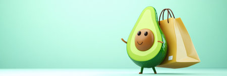 A cheerful avocado with exaggerated proportions joyfully carries a large grocery bag in a soft, playful pastel setting. Perfect blend of fun and whimsy.の素材