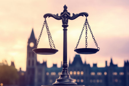 Scales of justice stand prominently in front of a majestic parliament building during sunset, basking in soft warm light that enhances the legal ambiance.の素材