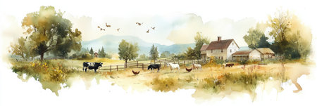 Soft watercolor painting captures a traditional farm with cows grazing, chickens roaming, and horses in a serene landscape, evoking nostalgia and tranquility.の素材