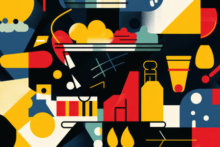 Bold colors and geometric shapes create a modern abstract representation of grocery shopping, featuring diverse food items in a vibrant design.の素材