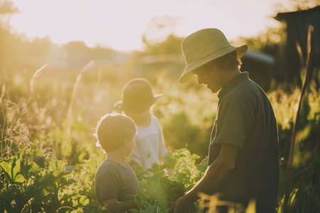 A rural family enjoys a rewarding day picking fresh vegetables on their farm as warm sunlight bathes the scene in a soft golden glow.の素材