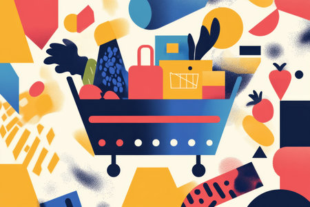 This abstract representation features a modern grocery cart filled with fruits, vegetables, and grocery items, illustrated with vibrant geometric shapes.の素材
