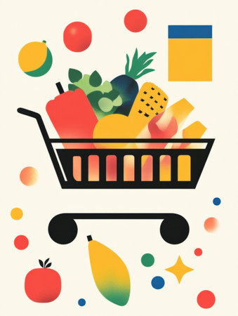 This artwork features a stylish grocery cart filled with assorted bold fruits and vegetables, set against a colorful backdrop of geometric shapes.の素材