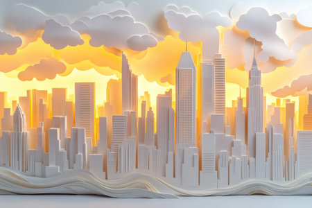 A layered paper city skyline showcases modern buildings with soft lighting, creating a dynamic urban perspective.の素材