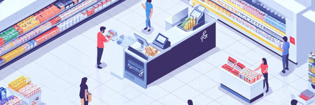 Customers shop in a bright supermarket filled with aisles, while self-checkout stations and couriers prepare to collect groceries, demonstrating convenience.の素材