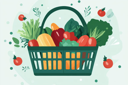 A sleek design features a green shopping basket filled with colorful fruits and vegetables on a calming pastel background, ideal for UI.の素材