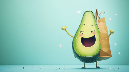A cheerful cartoon avocado smiles brightly while holding a large grocery bag, set against a whimsical pastel background.の素材