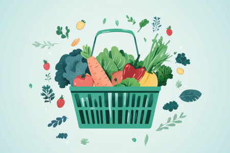 Bright green shopping basket overflows with fresh vegetables and fruits, set against a soft pastel background. Perfect for health and wellness themes.の素材