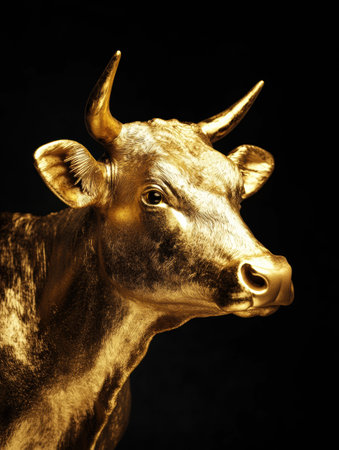 Golden cow stands out elegantly against a deep black background, highlighting its rich texture and sheen, conveying an air of opulence and uniqueness.の素材