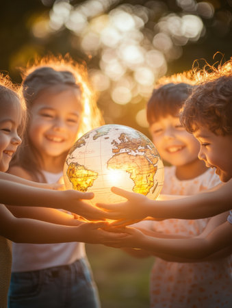 Children from different backgrounds gather in warm pastel light, holding a glowing globe together, symbolizing unity and hope for a brighter future.の素材