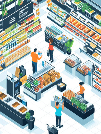 Bright and modern supermarket showcases customers shopping for groceries and Instacart couriers collecting items at efficient self-checkout counters.の素材