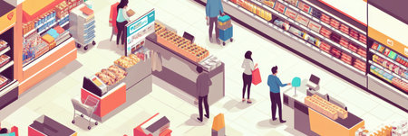 Customers are shopping in a vibrant supermarket, utilizing self-checkout counters while Instacart couriers collect groceries for delivery during busy hours.の素材