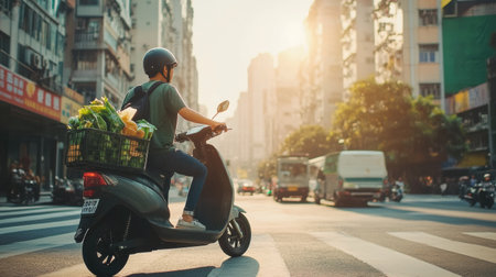 A young courier rides an electric scooter, carrying a basket of fresh groceries, amidst a bustling cityscape bathed in warm evening light.の素材