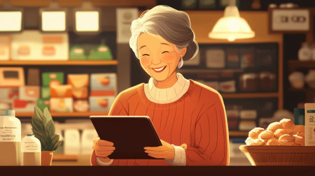 An elderly woman is joyfully ordering her groceries from a tablet, basking in soft cozy lighting that enhances the heartwarming atmosphere.の素材