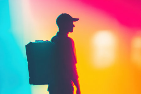 A delivery worker stands with a large bag on their back, outlined against a bright abstract background filled with vibrant neon hues and depth effects.の素材