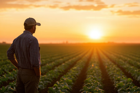 A farmer stands in a vast field during sunrise, with golden rays illuminating the horizon and soft colors creating an atmospheric and tranquil moment.の素材