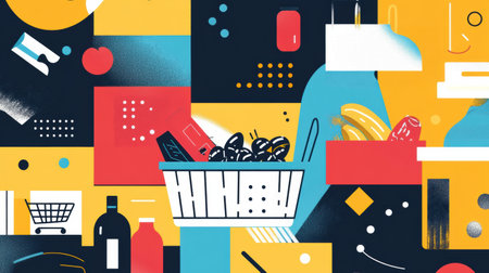 Bright geometric shapes and smooth transitions create an artistic representation of grocery shopping, showing vibrant colors and diverse products.の素材