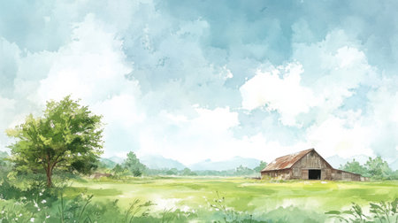 A nostalgic farm landscape with lush green fields, a charming rustic barn, and a serene blue sky adorned with fluffy clouds.の素材
