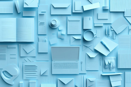 Creative design showcases a clean paper art background, blending office elements like laptops, documents, and coffee cups arranged in 3D layers.の素材