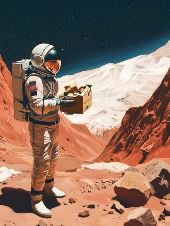 An astronaut stands on the red Martian surface, holding a delivery box while exploring the stunning landscape of mountains and valleys in the background.の素材