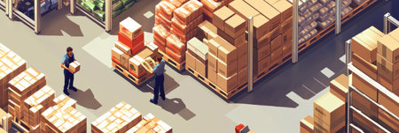 Workers pack grocery orders in a busy warehouse filled with neatly stacked boxes, showcasing a clean and efficient operation during daytime.の素材