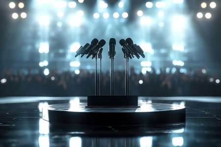 Sleek political podium featuring several microphones, illuminated by spotlights, set against a blurred audience, creating a powerful atmosphere at a key event.の素材