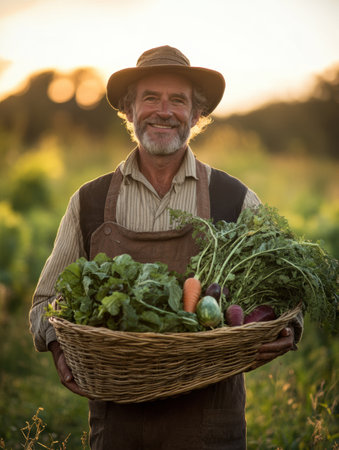 Joyful farmer stands in a lush field, proudly displaying a large basket filled with vibrant vegetables, basking in warm, friendly light.の素材